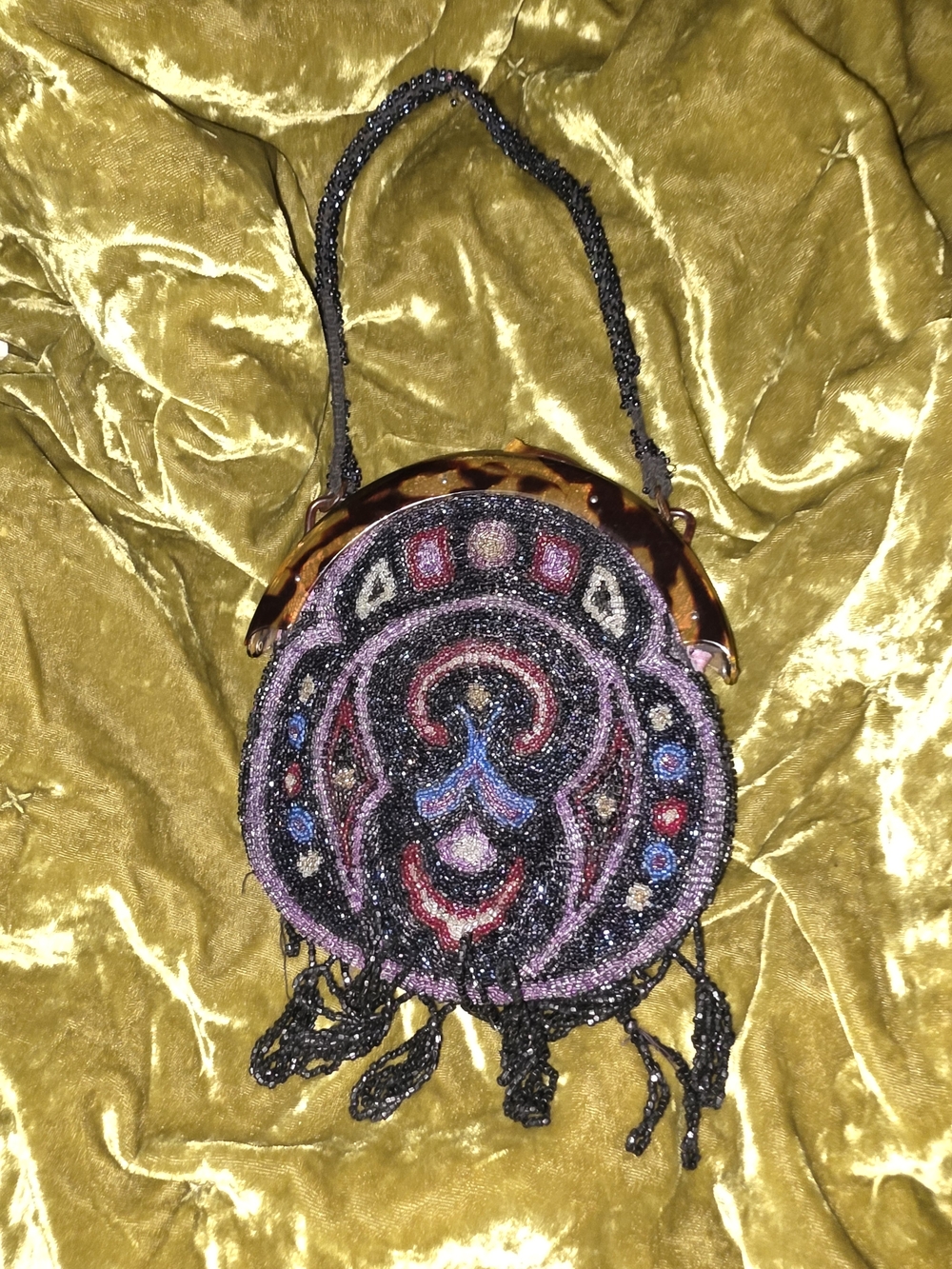 Beaded Round Handbag with Tortoiseshell Handle - Black & Purple